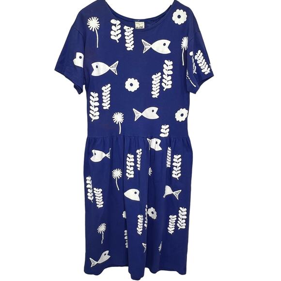 VTG Cotton Fields by M Mac Womens Petite L Blue Stencil Fish Print Maxi Dress - Picture 1 of 6